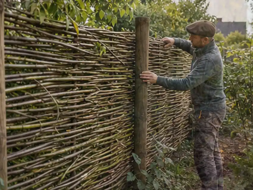 Person befestigt geflochtene Weidenruten an stabilen Holzpfosten im Garten; Thema Balkon, Schwerpunkt Wegeführung; Titelbild.