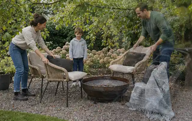 Familie stellt wetterfeste Sessel an einem geschützten Sitzplatz im Garten auf; Thema Balkon, Schwerpunkt Wegeführung; Umsetzung.