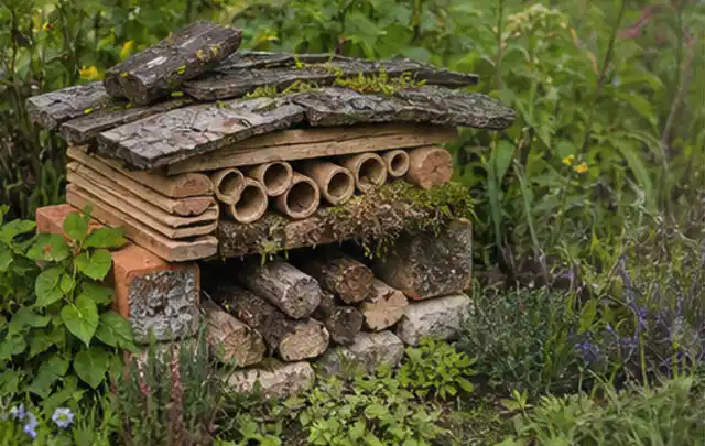 Naturnaher Unterschlupf aus Holz Rinde und Pflanzenstängeln im Garten; Thema Balkon, Schwerpunkt Wegeführung; Praxisalltag.