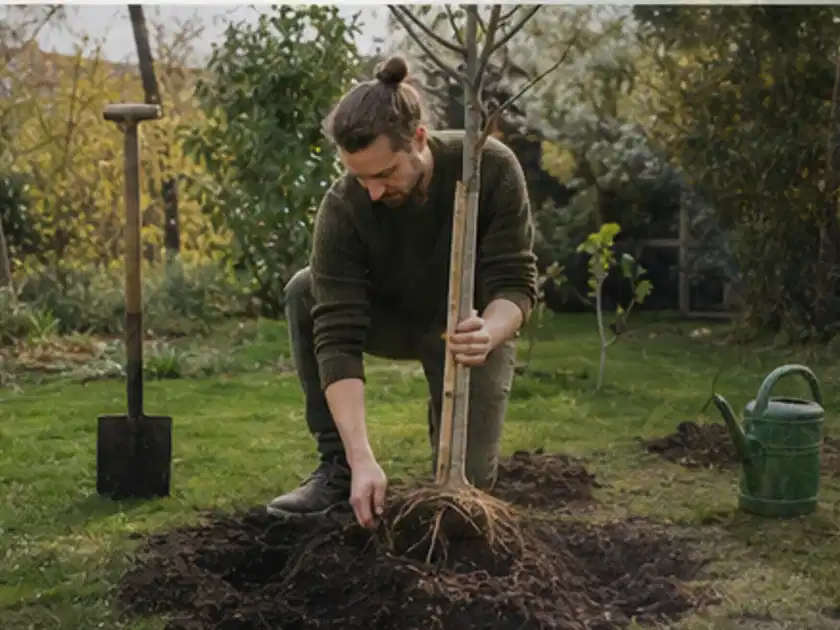 Person setzt einen jungen Zierbaum in ein vorbereitetes Pflanzloch im Garten; Thema Balkonpflanzen, Schwerpunkt Einsteigerwissen; Titelbild.