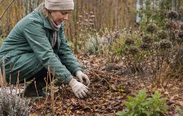 Person verteilt eine schützende Mulchschicht zwischen winterlichen Stauden; Thema Balkonpflanzen, Schwerpunkt Einsteigerwissen; Ausgangslage.
