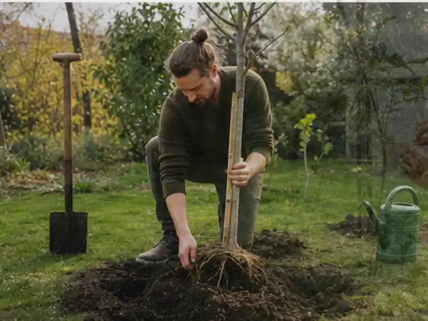 Person setzt einen jungen Zierbaum in ein vorbereitetes Pflanzloch im Garten; Thema Balkonpflanzen, Schwerpunkt Gartenpraxis; Titelbild.