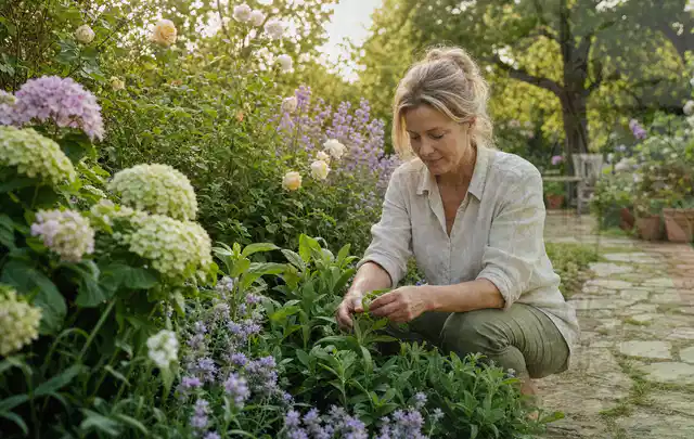 Person pflegt üppige Pflanzen in einem natürlich beleuchteten Garten; Thema Balkonpflanzen, Schwerpunkt Gartenpraxis; Ausgangslage.
