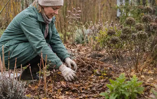 Person verteilt eine schützende Mulchschicht zwischen winterlichen Stauden; Thema Balkonpflanzen, Schwerpunkt Gartenpraxis; Ergebnis.