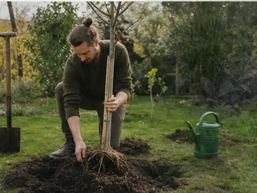 Person setzt einen jungen Zierbaum in ein vorbereitetes Pflanzloch im Garten; Thema Balkonpflanzen, Schwerpunkt Jahrespflege; Titelbild.