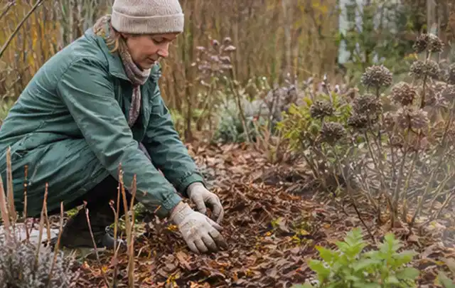 Person verteilt eine schützende Mulchschicht zwischen winterlichen Stauden; Thema Balkonpflanzen, Schwerpunkt Kaufberatung; Ergebnis.
