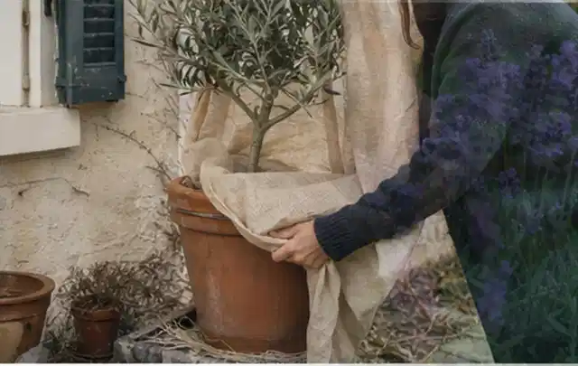Person umhüllt eine mediterrane Kübelpflanze mit atmungsaktivem Winterschutz; Thema Balkonpflanzen, Schwerpunkt Pflanzenschutz; Ausgangslage.