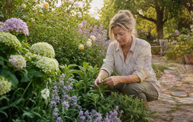 Person pflegt üppige Pflanzen in einem natürlich beleuchteten Garten; Thema Balkonpflanzen, Schwerpunkt Pflanzenschutz; Umsetzung.
