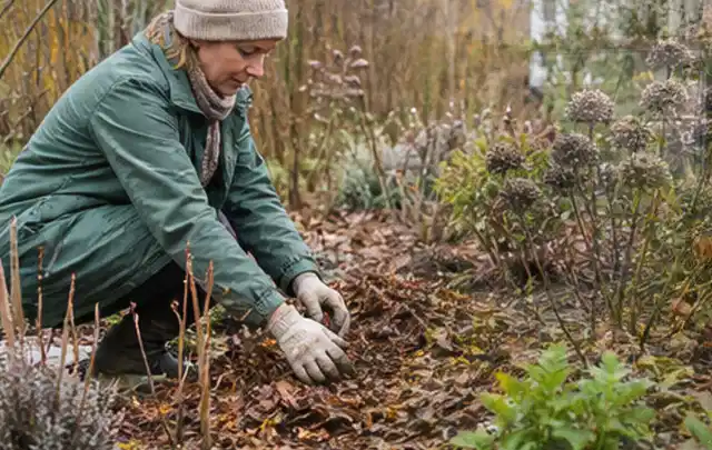 Person verteilt eine schützende Mulchschicht zwischen winterlichen Stauden; Thema Balkonpflanzen, Schwerpunkt Problemlösung; Ergebnis.
