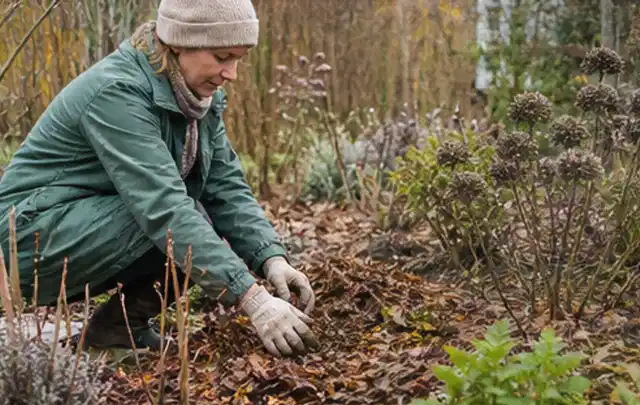 Person verteilt eine schützende Mulchschicht zwischen winterlichen Stauden; Thema Balkonpflanzen, Schwerpunkt Sortenwahl; Kontrolle.