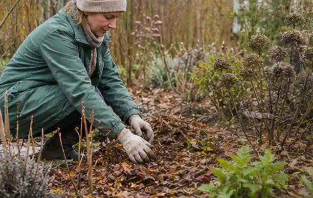 Person verteilt eine schützende Mulchschicht zwischen winterlichen Stauden; Thema Balkonpflanzen, Schwerpunkt Standort; Umsetzung.