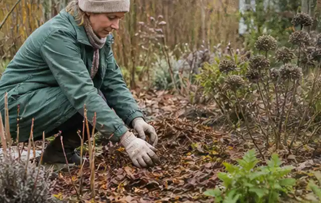 Person verteilt eine schützende Mulchschicht zwischen winterlichen Stauden; Thema Balkonpflanzen, Schwerpunkt Vermehrung; Umsetzung.