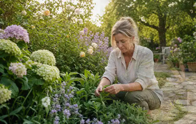 Person pflegt üppige Pflanzen in einem natürlich beleuchteten Garten; Thema Balkonpflanzen, Schwerpunkt Vermehrung; Ergebnis.