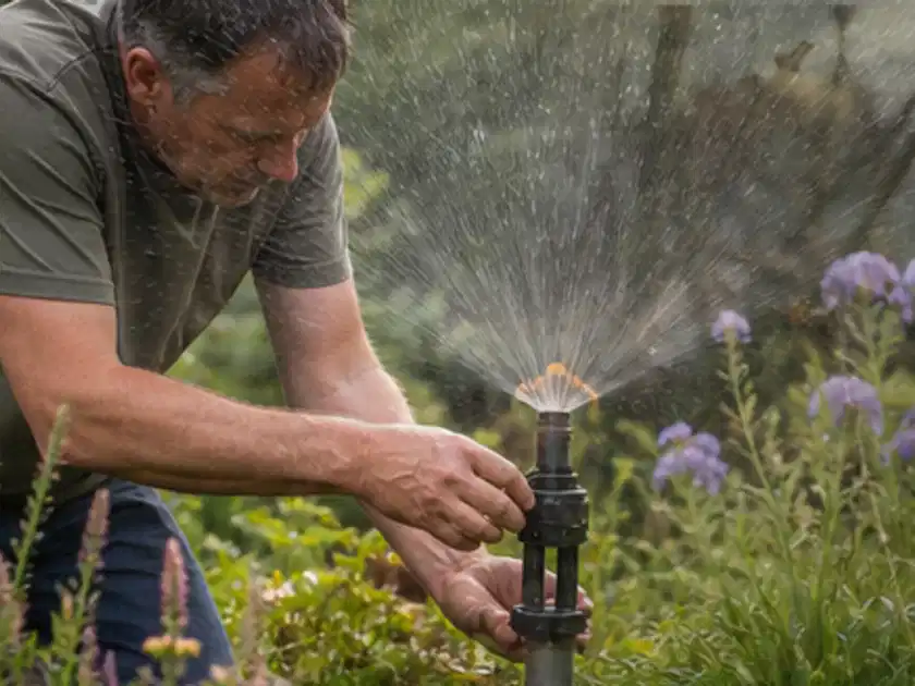 Person richtet einen laufenden Gartensprenger zwischen Stauden präzise aus; Thema Bambus, Schwerpunkt Bewässerung; Titelbild.