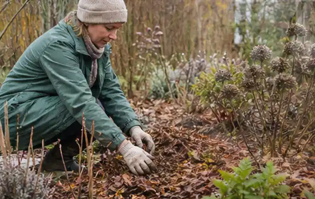 Person verteilt eine schützende Mulchschicht zwischen winterlichen Stauden; Thema Bambus, Schwerpunkt Bewässerung; Ausgangslage.