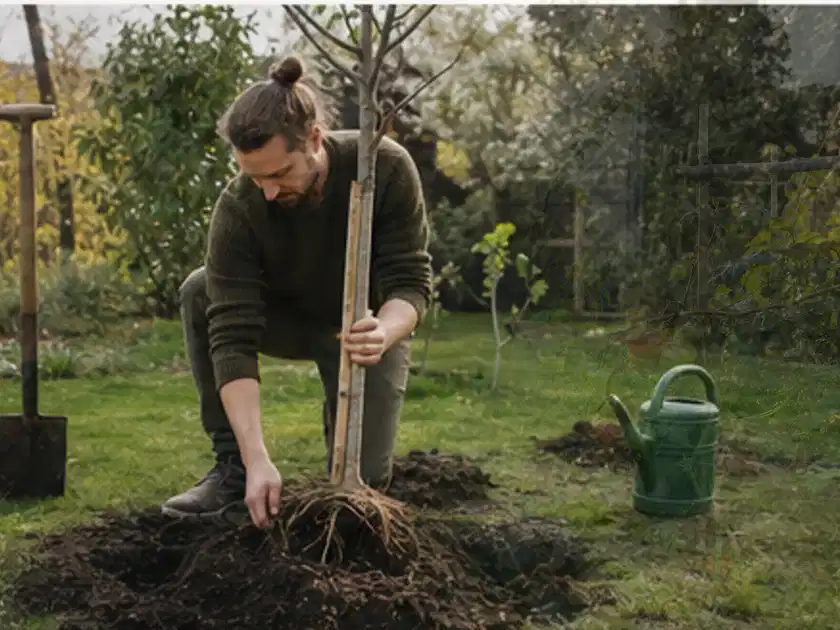 Person setzt einen jungen Zierbaum in ein vorbereitetes Pflanzloch im Garten; Thema Bambus, Schwerpunkt Boden; Titelbild.