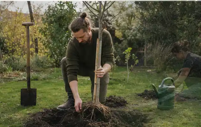 Person setzt einen jungen Zierbaum in ein vorbereitetes Pflanzloch im Garten; Thema Bambus, Schwerpunkt Gartenpraxis; Ausgangslage.