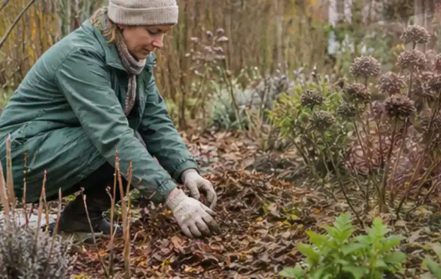 Person verteilt eine schützende Mulchschicht zwischen winterlichen Stauden; Thema Bambus, Schwerpunkt Gartenpraxis; Praxisalltag.