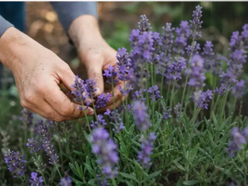 Hände pflegen blühenden Lavendel in einem natürlich angelegten Gartenbeet; Thema Bambus, Schwerpunkt Jahrespflege; Titelbild.