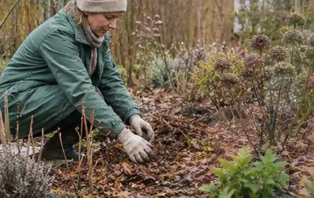 Person verteilt eine schützende Mulchschicht zwischen winterlichen Stauden; Thema Bambus, Schwerpunkt Jahrespflege; Ergebnis.