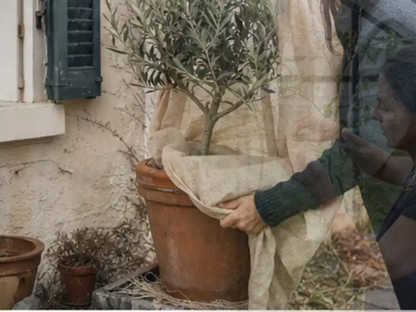 Person umhüllt eine mediterrane Kübelpflanze mit atmungsaktivem Winterschutz; Thema Bambus, Schwerpunkt Kaufberatung; Titelbild.