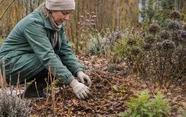 Person verteilt eine schützende Mulchschicht zwischen winterlichen Stauden; Thema Bambus, Schwerpunkt Pflanzenschutz; Praxisalltag.