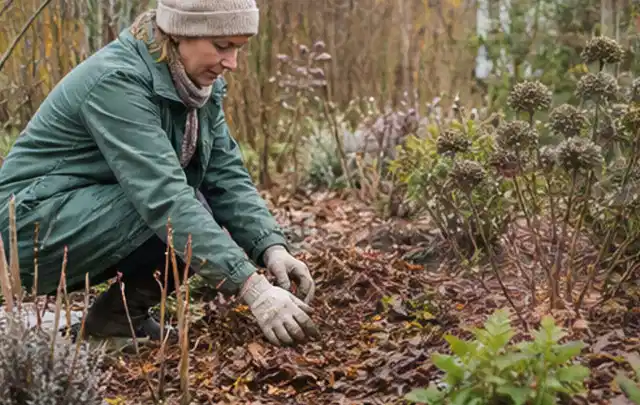 Person verteilt eine schützende Mulchschicht zwischen winterlichen Stauden; Thema Bambus, Schwerpunkt Rückschnitt; Kontrolle.