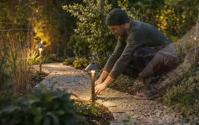 Person richtet eine niedrige warm leuchtende Gartenlampe am Kiesweg aus; Thema Bambus Sichtschutz, Schwerpunkt Aufbau; Umsetzung.