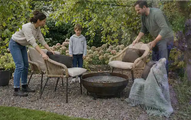 Familie stellt wetterfeste Sessel an einem geschützten Sitzplatz im Garten auf; Thema Bambus Sichtschutz, Schwerpunkt Aufbau; Praxisalltag.
