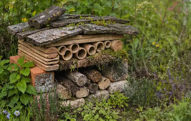 Naturnaher Unterschlupf aus Holz Rinde und Pflanzenstängeln im Garten; Thema Bambus Sichtschutz, Schwerpunkt Baurecht; Ausgangslage.