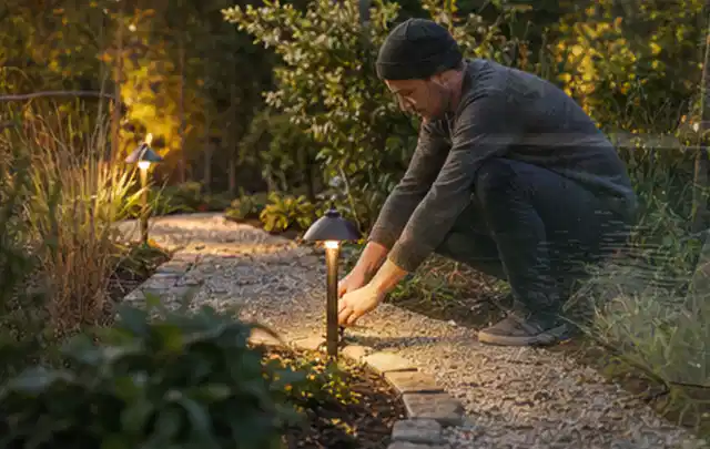 Person richtet eine niedrige warm leuchtende Gartenlampe am Kiesweg aus; Thema Bambus Sichtschutz, Schwerpunkt Baurecht; Umsetzung.