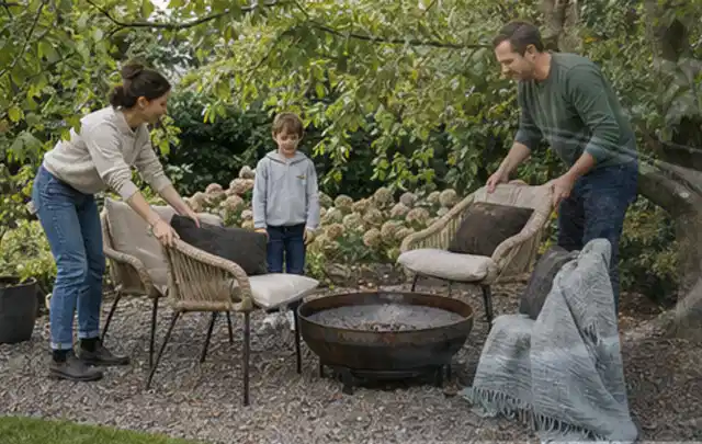 Familie stellt wetterfeste Sessel an einem geschützten Sitzplatz im Garten auf; Thema Bambus Sichtschutz, Schwerpunkt Baurecht; Kontrolle.