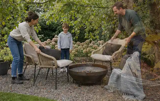 Familie stellt wetterfeste Sessel an einem geschützten Sitzplatz im Garten auf; Thema Bambus Sichtschutz, Schwerpunkt Checkliste; Kontrolle.