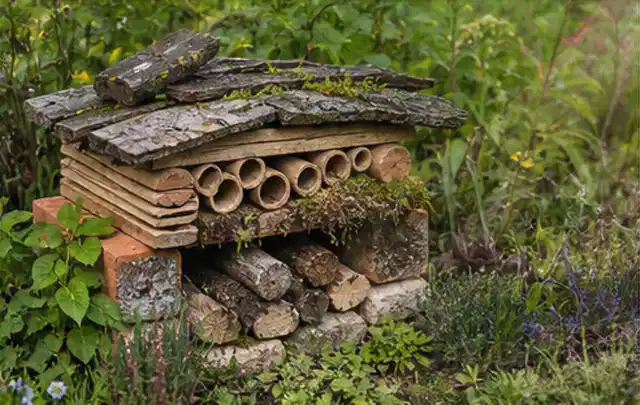 Naturnaher Unterschlupf aus Holz Rinde und Pflanzenstängeln im Garten; Thema Bambus Sichtschutz, Schwerpunkt Dimensionierung; Ausgangslage.