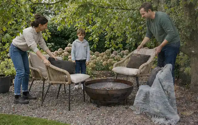 Familie stellt wetterfeste Sessel an einem geschützten Sitzplatz im Garten auf; Thema Bambus Sichtschutz, Schwerpunkt Dimensionierung; Kontrolle.