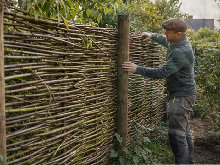 Person befestigt geflochtene Weidenruten an stabilen Holzpfosten im Garten; Thema Bambus Sichtschutz, Schwerpunkt DIY; Titelbild.