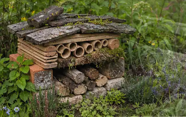 Naturnaher Unterschlupf aus Holz Rinde und Pflanzenstängeln im Garten; Thema Bambus Sichtschutz, Schwerpunkt DIY; Ausgangslage.