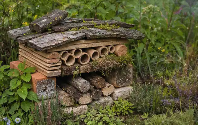 Naturnaher Unterschlupf aus Holz Rinde und Pflanzenstängeln im Garten; Thema Bambus Sichtschutz, Schwerpunkt Fehlerhilfe; Ausgangslage.