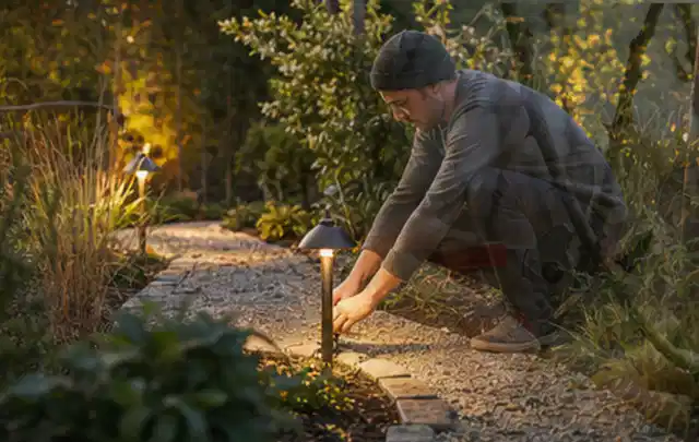 Person richtet eine niedrige warm leuchtende Gartenlampe am Kiesweg aus; Thema Bambus Sichtschutz, Schwerpunkt Fehlerhilfe; Kontrolle.