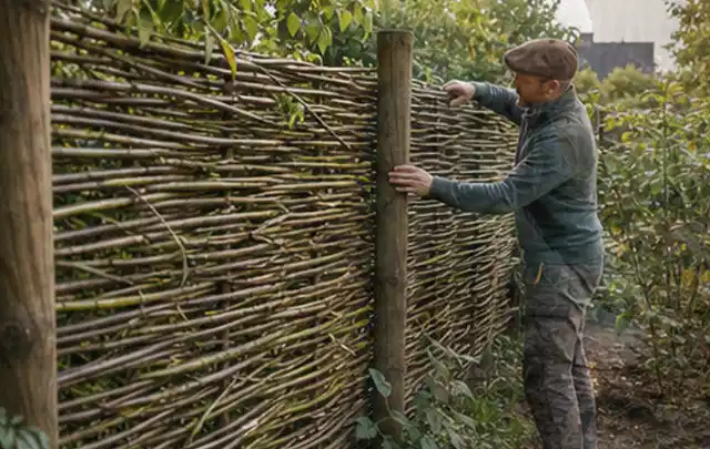 Person befestigt geflochtene Weidenruten an stabilen Holzpfosten im Garten; Thema Bambus Sichtschutz, Schwerpunkt Fundament; Ausgangslage.