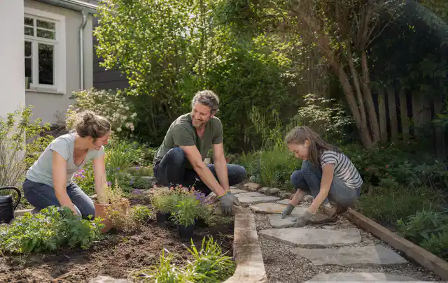 Familie geht auf einem Weg durch einen abwechslungsreich gestalteten Garten; Thema Bambus Sichtschutz, Schwerpunkt Fundament; Umsetzung.