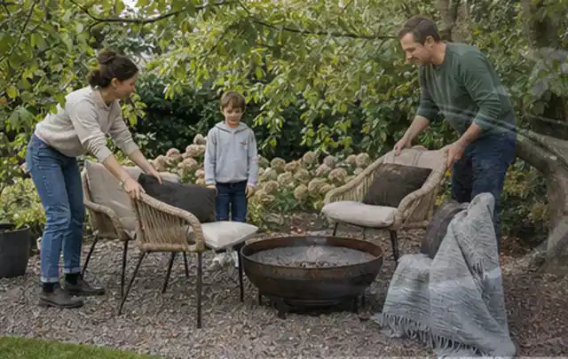 Familie stellt wetterfeste Sessel an einem geschützten Sitzplatz im Garten auf; Thema Bambus Sichtschutz, Schwerpunkt Fundament; Ergebnis.