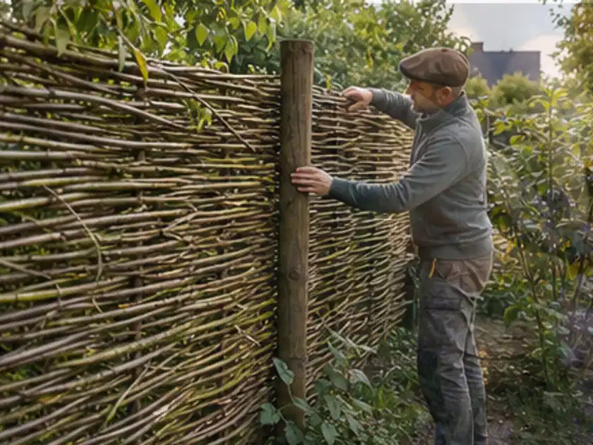 Person befestigt geflochtene Weidenruten an stabilen Holzpfosten im Garten; Thema Bambus Sichtschutz, Schwerpunkt Gärten mit kleiner Fläche; Titelbild.