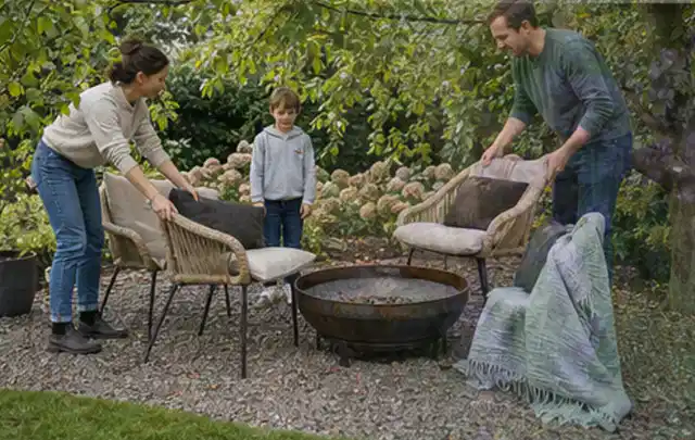 Familie stellt wetterfeste Sessel an einem geschützten Sitzplatz im Garten auf; Thema Bambus Sichtschutz, Schwerpunkt Gärten mit kleiner Fläche;…