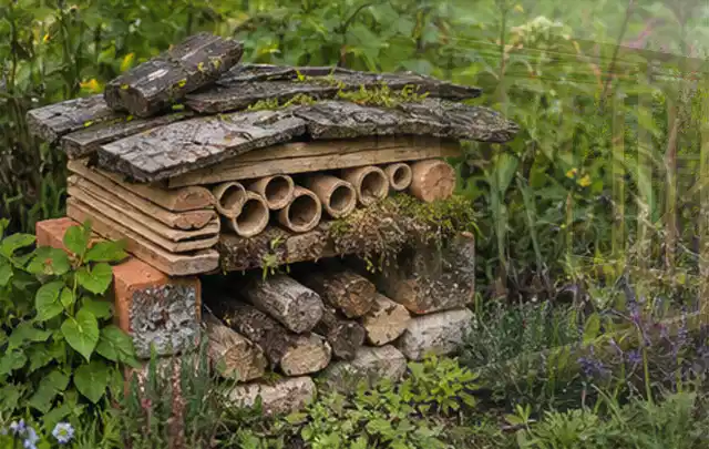 Naturnaher Unterschlupf aus Holz Rinde und Pflanzenstängeln im Garten; Thema Bambus Sichtschutz, Schwerpunkt Gärten mit kleiner Fläche; Kontrolle.