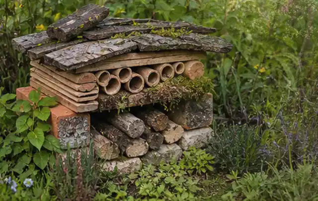 Naturnaher Unterschlupf aus Holz Rinde und Pflanzenstängeln im Garten; Thema Bambus Sichtschutz, Schwerpunkt Gestaltung; Ergebnis.