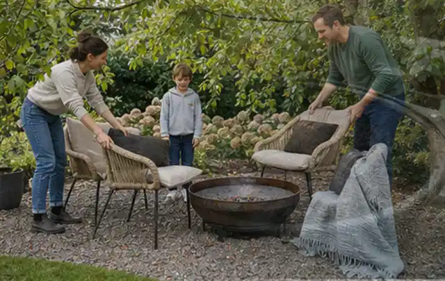 Familie stellt wetterfeste Sessel an einem geschützten Sitzplatz im Garten auf; Thema Bambus Sichtschutz, Schwerpunkt Gestaltung; Praxisalltag.