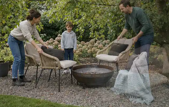 Familie stellt wetterfeste Sessel an einem geschützten Sitzplatz im Garten auf; Thema Bambus Sichtschutz, Schwerpunkt Kosten; Ausgangslage.