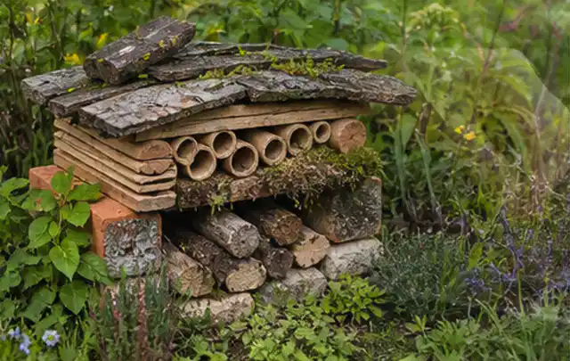 Naturnaher Unterschlupf aus Holz Rinde und Pflanzenstängeln im Garten; Thema Bambus Sichtschutz, Schwerpunkt Kosten; Kontrolle.