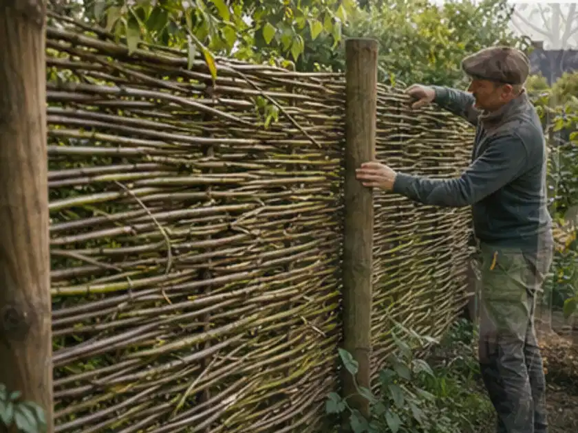 Person befestigt geflochtene Weidenruten an stabilen Holzpfosten im Garten; Thema Bambus Sichtschutz, Schwerpunkt Materialwahl; Titelbild.